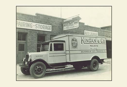 Vintage photography of an insulated meat delivery truck from Kingan & Co.