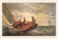 Breezing Up Poster Print by Winslow Homer featuring vibrant colors and sailing theme.