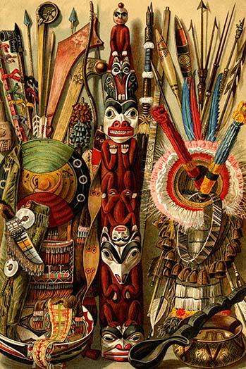 Native American Ornaments & Weapons Poster Print showcasing cultural artifacts.
