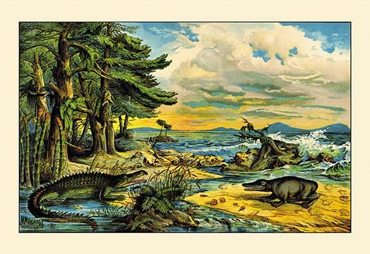 Prehistoric coastal scene poster print featuring early crocodiles and ancient wildlife.
