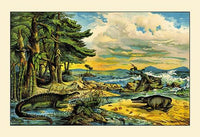 Prehistoric coastal scene poster print featuring early crocodiles and ancient wildlife.