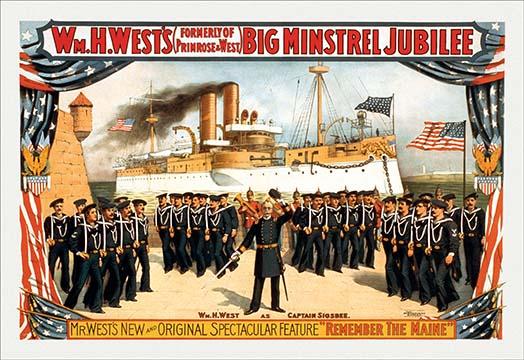 William H. West's Big Minstrel Jubilee Poster Print featuring a large uniformed band and Admiral Dewey's flagship Olympia.