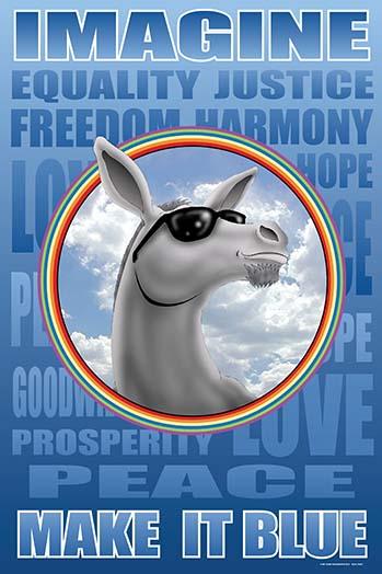 Peace, Harmony, Justice Poster Print featuring a Blue Donkey and Rainbow Border by Richard Kelly