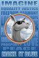Peace, Harmony, Justice Poster Print featuring a Blue Donkey and Rainbow Border by Richard Kelly
