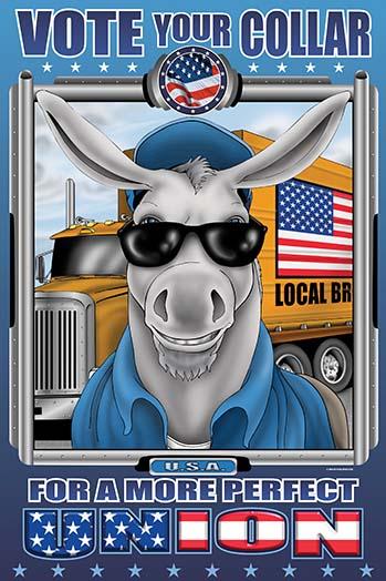 Make it Blue Donkey with Big Ears poster print by Richard Kelly featuring a donkey in front of a Teamster truck.