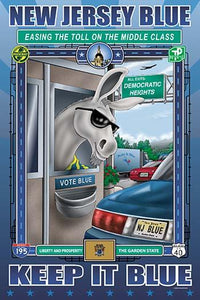 The Toll Taker on the Garden State Parkway Poster Print by Richard Kelly featuring a blue car at a toll booth.