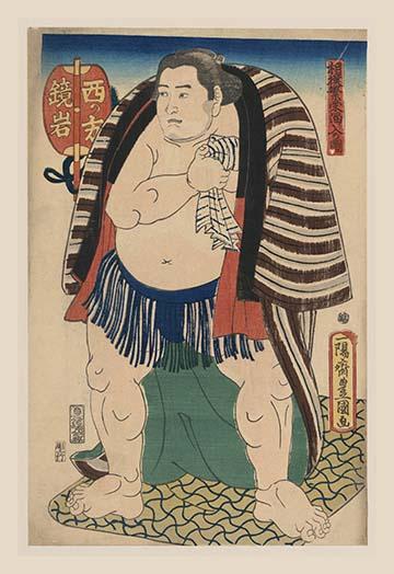 Sumo wrestler cleaning himself with a wet cloth after a match.