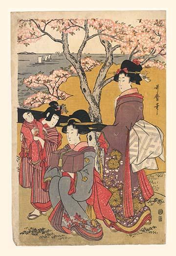 Family of three young ladies enjoying lunch under a tree overlooking fishing boats.