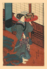 A waitress carries food on a large platter poster print