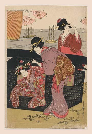 A Woman Exits Her Riding Coach Poster Print depicting a woman and her friend.