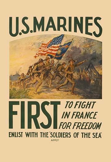 U.S. Marines Recruitment Poster showcasing Marines in battle with colors.