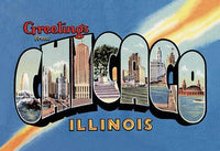 Vintage Chicago postcard poster print with balloon lettering and monuments.