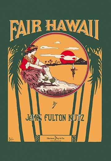 Hula Dancer Sunset Poster Print by Morgan, showcasing a dancer in the palms at sunset.