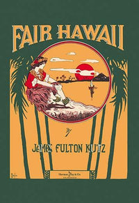 Hula Dancer Sunset Poster Print by Morgan, showcasing a dancer in the palms at sunset.