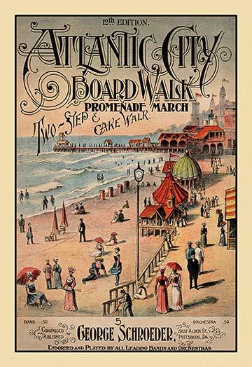 Victorian beach and boardwalk goers enjoying the New Jersey coast in a vintage-style poster print.