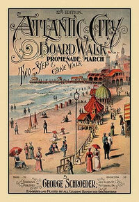 Victorian beach and boardwalk goers enjoying the New Jersey coast in a vintage-style poster print.