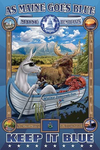 The Blue Donkey rests in a boat surrounded by mountains and a moose in Maine.