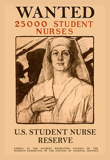 US Student Nurse Reserve Recruitment Poster Print by Milton Herbert Bancroft featuring a proud nurse and soldiers.