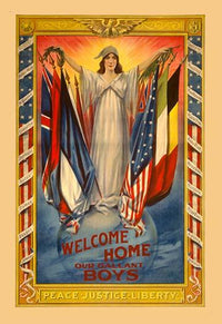 Poster print of a woman in white robes and a Liberty cap surrounded by Allied flags.