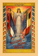 Poster print of a woman in white robes and a Liberty cap surrounded by Allied flags.