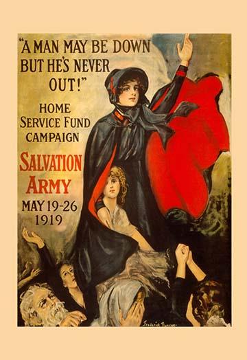 Home Service Fund Campaign Poster Print by Frederick Duncan featuring a woman aiding the destitute.