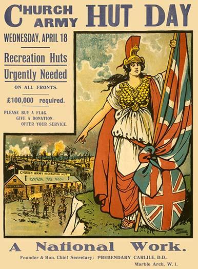 Church Army Hut Day Poster Print by Ernest Hasseldine featuring Britannia and soldiers.