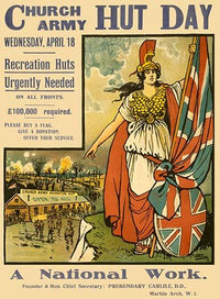 Church Army Hut Day Poster Print by Ernest Hasseldine featuring Britannia and soldiers.
