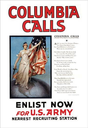 Columbia Calls Poster Print by Vincent Aderente featuring Columbia holding a flag and sword on a globe.