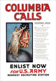 Columbia Calls Poster Print by Vincent Aderente featuring Columbia holding a flag and sword on a globe.