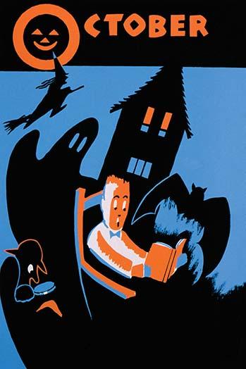 WPA Statewide Library Project Halloween Poster Print featuring a boy reading surrounded by Halloween images.