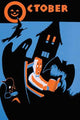 WPA Statewide Library Project Halloween Poster Print featuring a boy reading surrounded by Halloween images.