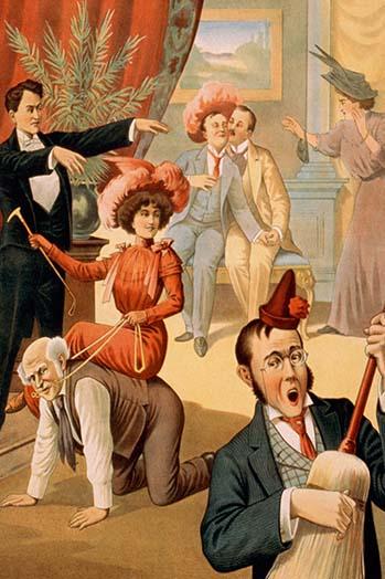 Hypnotist magic poster print featuring unusual group activities by Donaldson Litho.