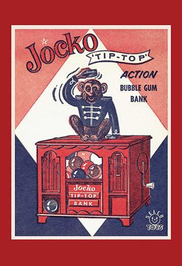 Musical bubble gum dispensing bank poster print featuring a glad monkey.
