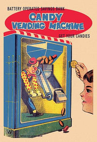 Whimsical clown candy dispenser poster print featuring colorful design
