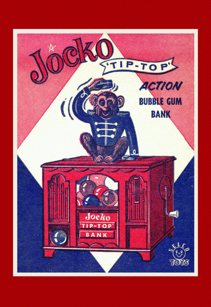 Gumball Machine Monkey Toy Bank Poster Print showing a playful monkey tipping his hat.