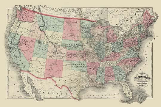 1872 Historical Map Poster Print showcasing United States geography.