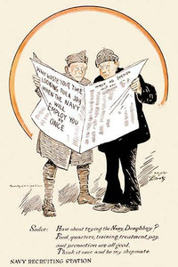 U.S. Navy recruitment poster print featuring a sailor and soldier by Clare A. Briggs.