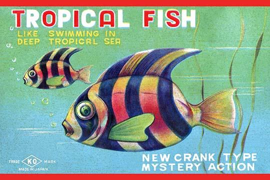 Colorful tropical fish swimming in clear blue water - vintage graphic art poster print