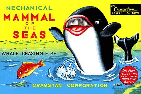 Smiling Whale Chasing Fish Graphic Art Print inspired by antique Japanese tin toy.