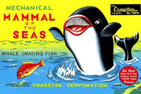Smiling Whale Chasing Fish Graphic Art Print inspired by antique Japanese tin toy.