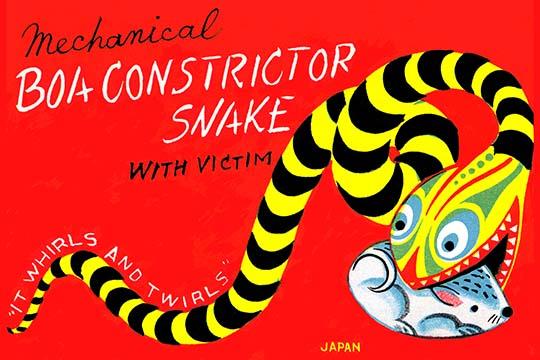 Antique toy snake graphic art poster print featuring a mouse.