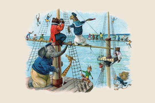 The Animals Trip to the Sea Poster Print by G.H. Thompson featuring anthropomorphic animals on a sailing vessel.