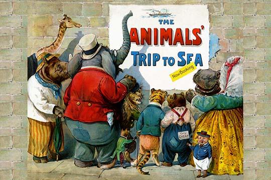 The Animals Trip to the Sea poster print by G.H. Thompson featuring anthropomorphic animals.