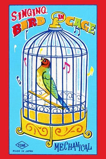 Vintage Japanese toy box art poster - Why Does the Caged Bird Sing?