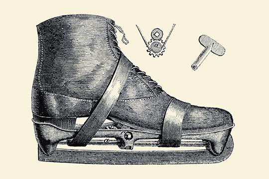 Ice Skate Poster Print showcasing a historical illustration of 1800s skate technology.