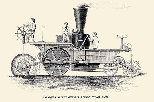 Advances in Farm Technology poster print showcasing steam power in agriculture.