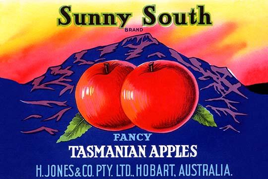 Tasmanian apple label vintage poster print featuring picturesque mountains and native Tasmanians.