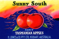 Tasmanian apple label vintage poster print featuring picturesque mountains and native Tasmanians.