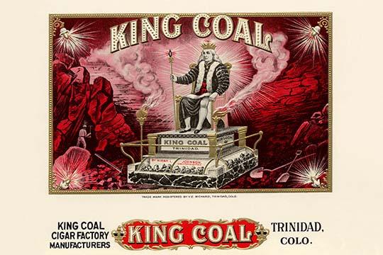 King Coal Cigar Box Label Poster Print featuring a king on his throne with coal mine workers.