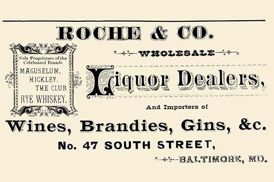 Roche & Co. vintage advertisement poster print showcasing fine wines and spirits.